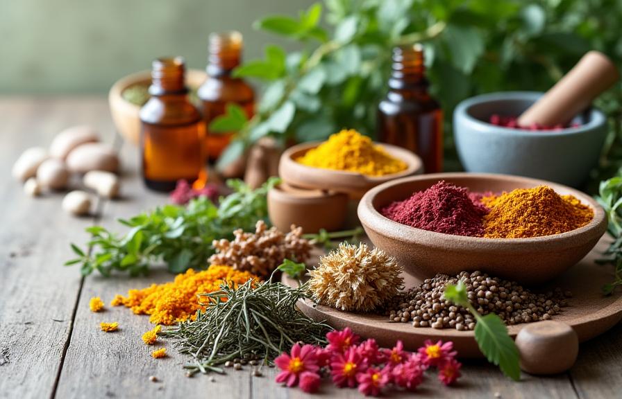 Elementos naturales como hierbas y especias usados en terapia holística